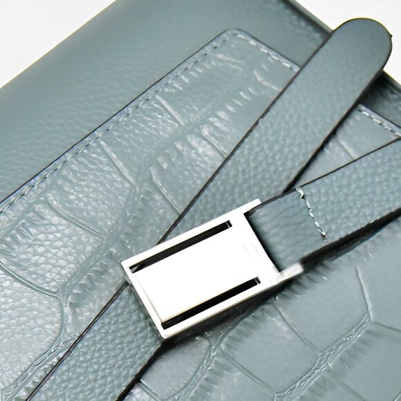 Fog Blue, Leather Satchel Crossbody Bag, Belt Flap Detail, NWOT - Picture 11 of 14